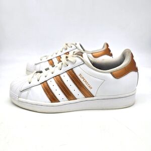 Adidas Shoe Women's 8 Superstar White Rose Gold Metallic Stripes Sneakers FX7484